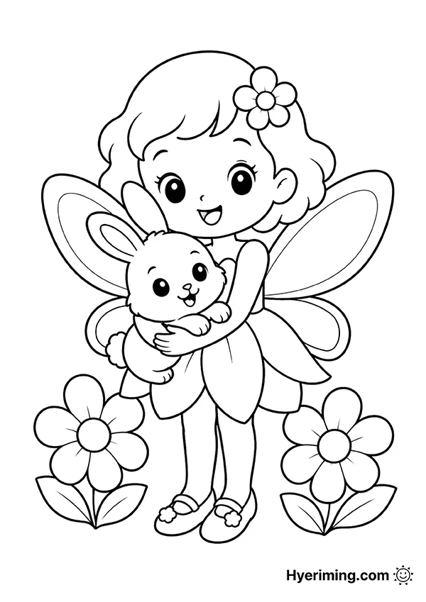 Fairy with rabbit coloring page printable for kids