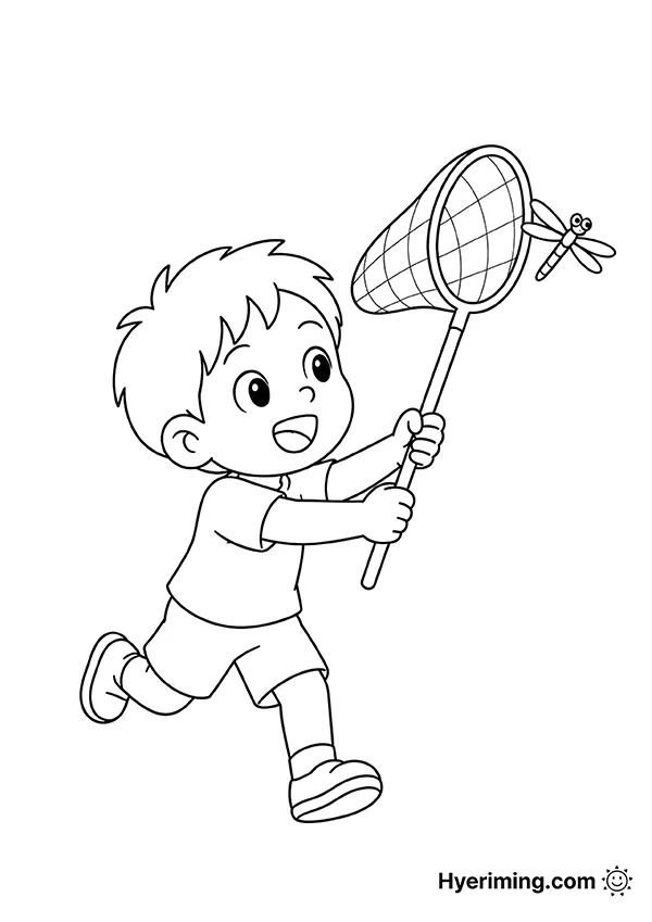 Dragonfly catching coloring page printable for kids