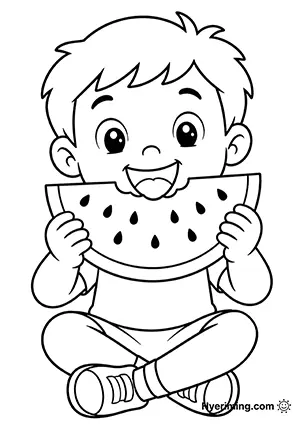 Watermelon eating coloring page printable for kids