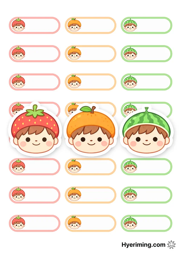 과일 모자를 쓴 어린이 이름표 도안