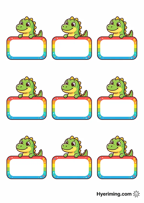 무지개 테두리 이름표를 든 티라노사우루스 도안